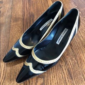 Manolo Blahnik Black and Tan Oxford Kitten Heels